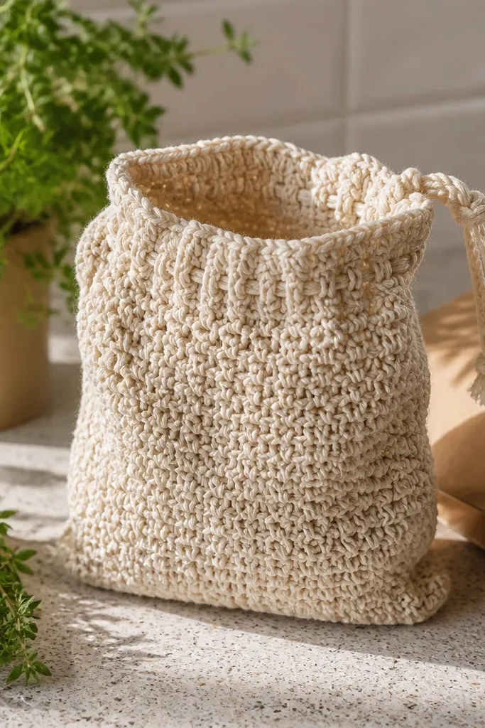 Crochet pouch with a drawstring top and simple textured body