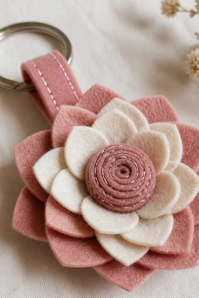 A close-up of a small keychain showing layered felt petals in dusty rose and cream. The center is a tight circular rosette stitched with a single thread color, finished with a metal keyring and a short loop of matching felt.