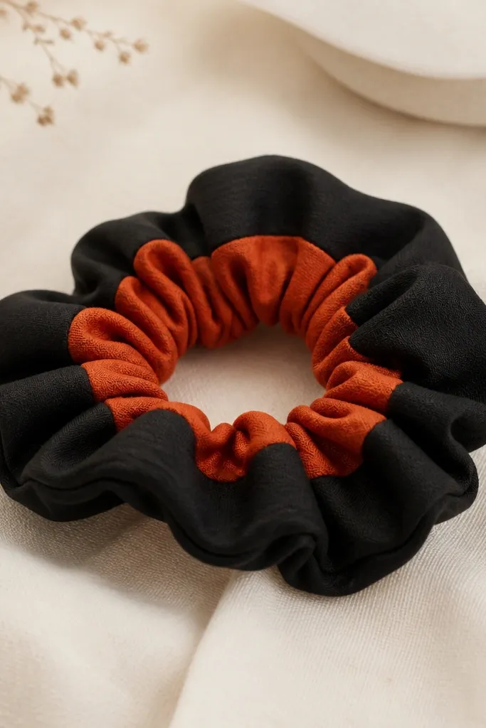 A wrist-sized scrunchie made from two fabrics: a black outer band and a rust-orange inner band. The fabric gathers evenly, and the seam is hidden under a matching fold, with a thin elastic band pulled through the casing.