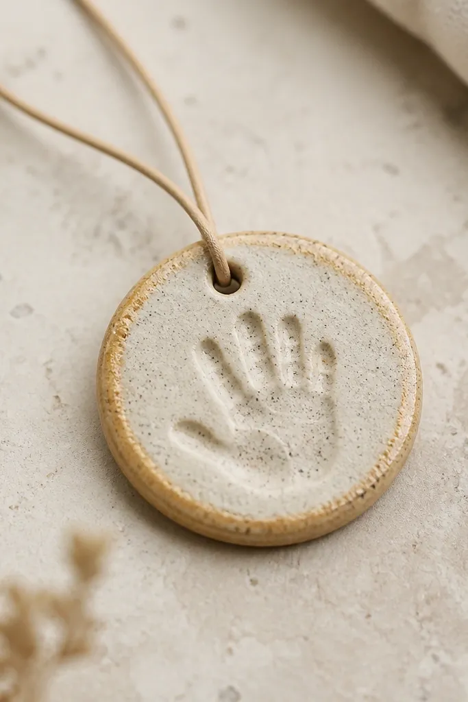A small round clay pendant on a thin cord. The pendant is matte with a light speckle texture, showing a tiny handprint impression in the center. A pale gold glaze wash sits around the edges.