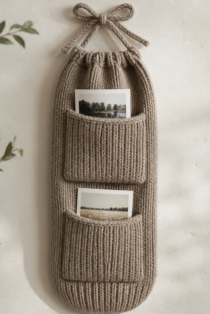 A small organizer made from a knit cardigan sleeve. It has two stitched pockets and a top tie, with a photo peeking through each pocket window. The knit stretches slightly but holds shape when pinned flat.