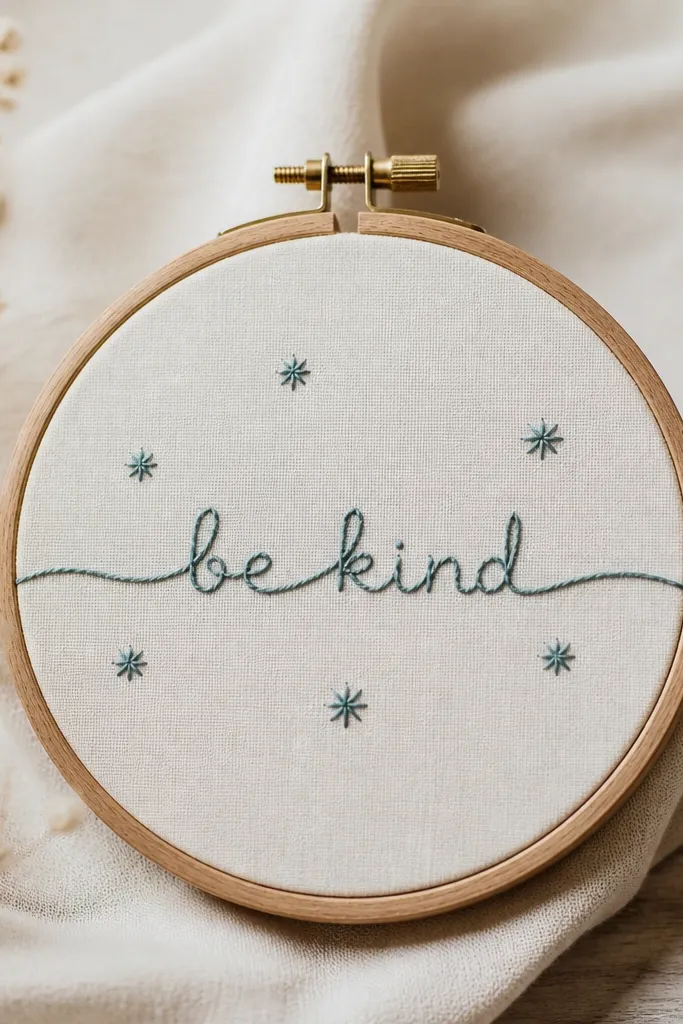 A small wooden embroidery hoop holding cream fabric. A single line of embroidery in muted teal spells a short phrase, with tiny star stitches around it. The fabric is taut and the stitches look even.