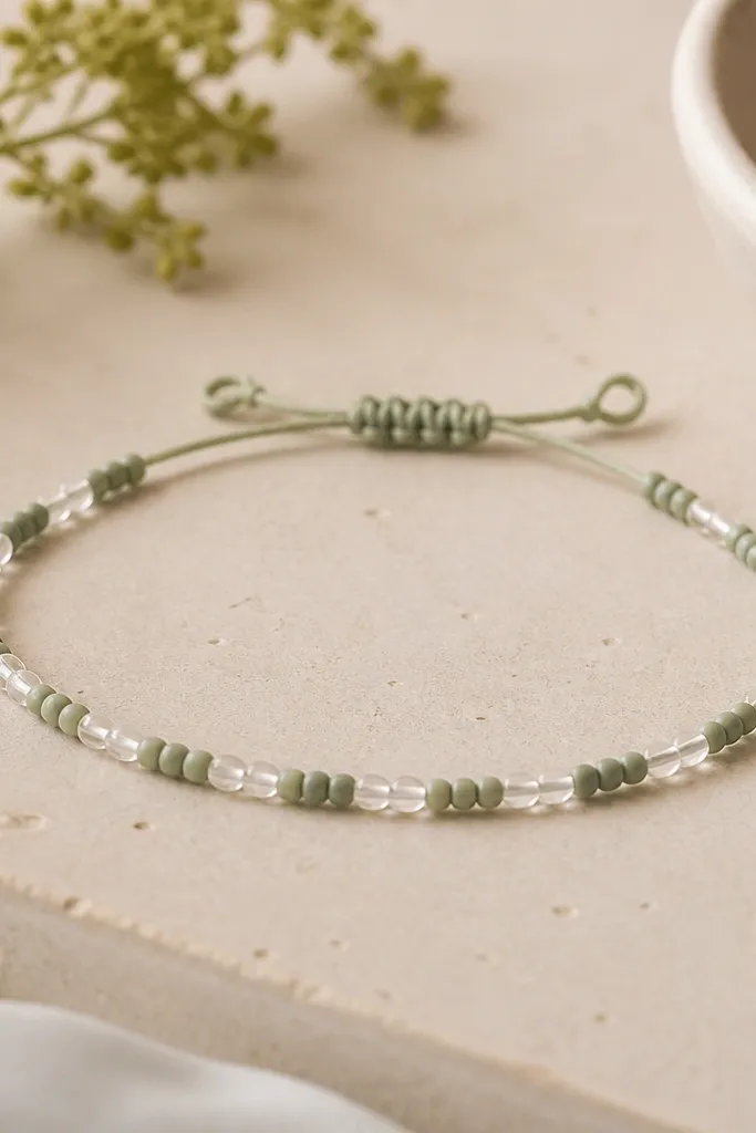 A thin beaded bracelet with small matte beads in sage green and clear glass. The closure is a neat sliding knot at the back with two short cord ends tied into a small loop.