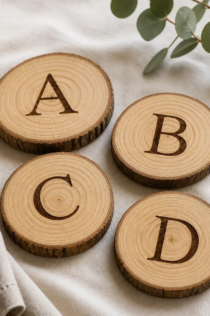 Four round wood slice coasters with visible grain. Each has a burned initial in the center, dark brown lines crisp against the lighter wood. The edges look lightly sanded and smooth.