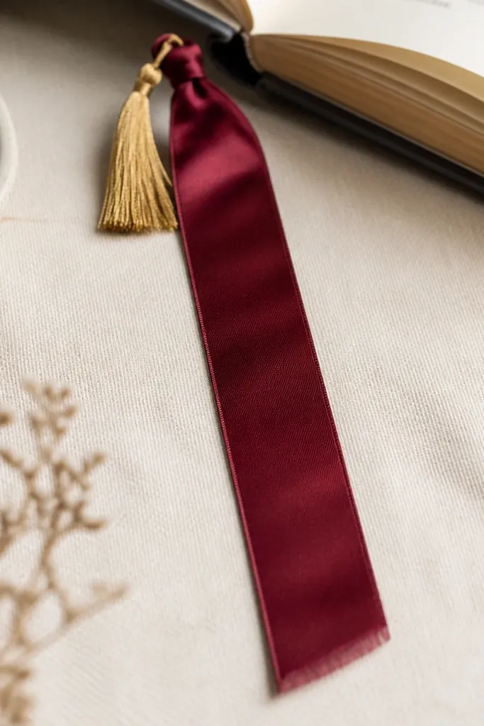 A long ribbon bookmark with a soft frayed-looking edge at the bottom. The ribbon is satin in deep burgundy, and the top has a small knot with a gold thread tassel.