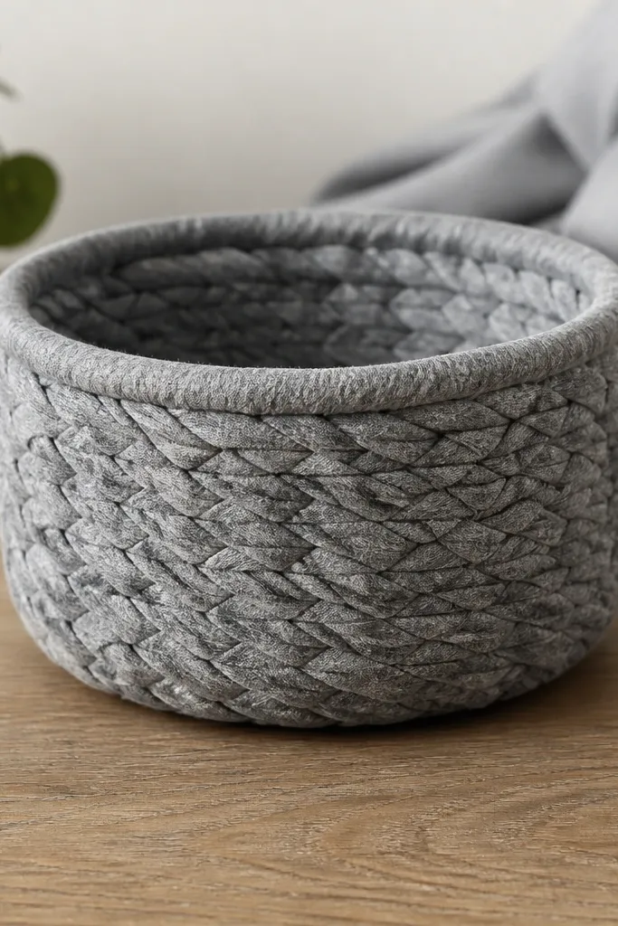 A small woven basket made from strips of an old t-shirt. The basket is grey with subtle heather texture, and the weave is tight at the base with a clean rim.