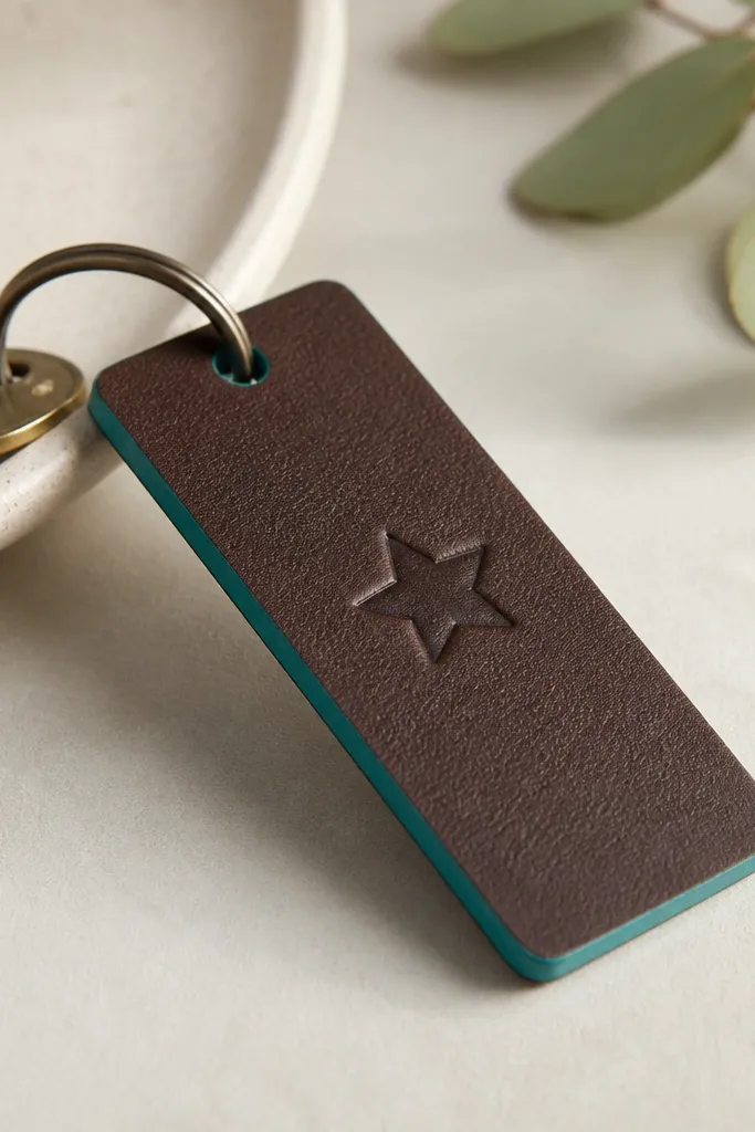 A rectangular key tag in dark brown leatherette with a stamped star icon. The edges are painted in a contrasting teal stripe, and a small metal keyring hangs from a punched hole.