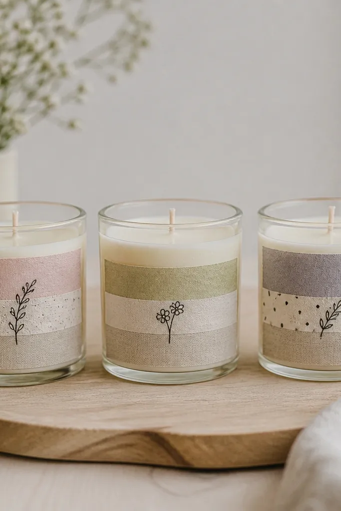 Three small candle jars with handmade labels. Each label uses layered washi tape bands in muted tones, with a handwritten name and a tiny doodle icon in black ink.