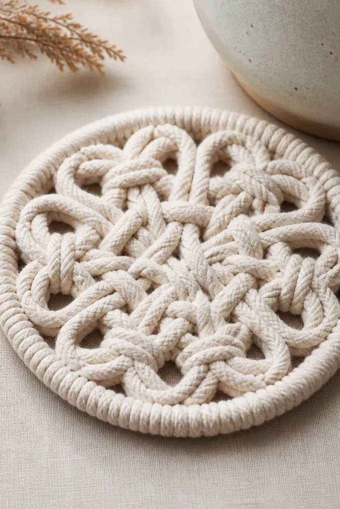 A round coaster made from thick cotton cord. The pattern uses repeating loops and two knot types, creating a textured braided look with a clean outer edge.