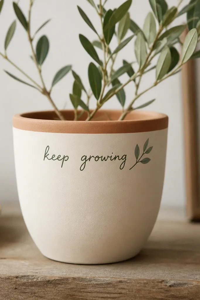 A small terracotta planter painted in matte cream. A short handwritten quote sits near the top in dark green paint, with a small painted leaf beside it. The rim stays unpainted.