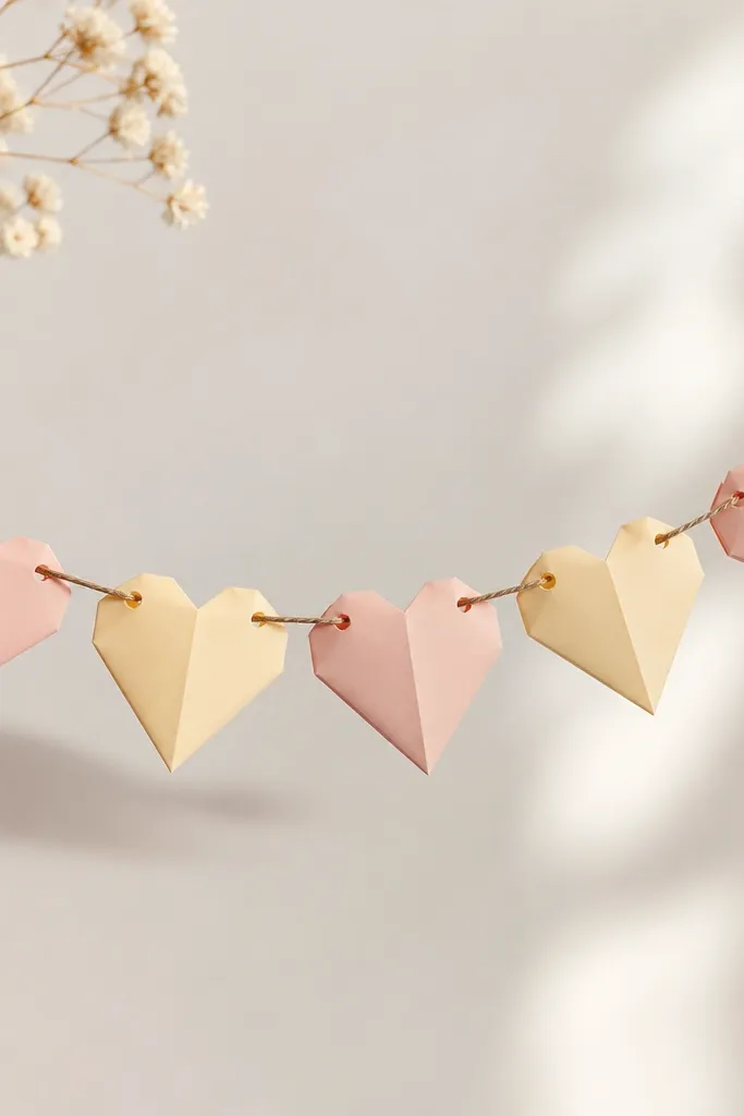 A small garland of origami hearts in blush and pale yellow. Each heart has a tiny hole at the top edge and they're threaded on a thin twine line, hanging in a gentle curve.