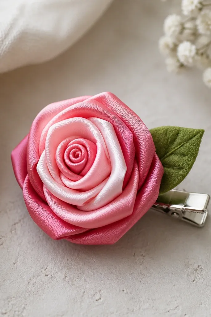 A satin ribbon rose attached to a small metal alligator clip. The rose petals are layered in deep pink and pale pink, with a tight center coil and a neat leaf made from green felt.