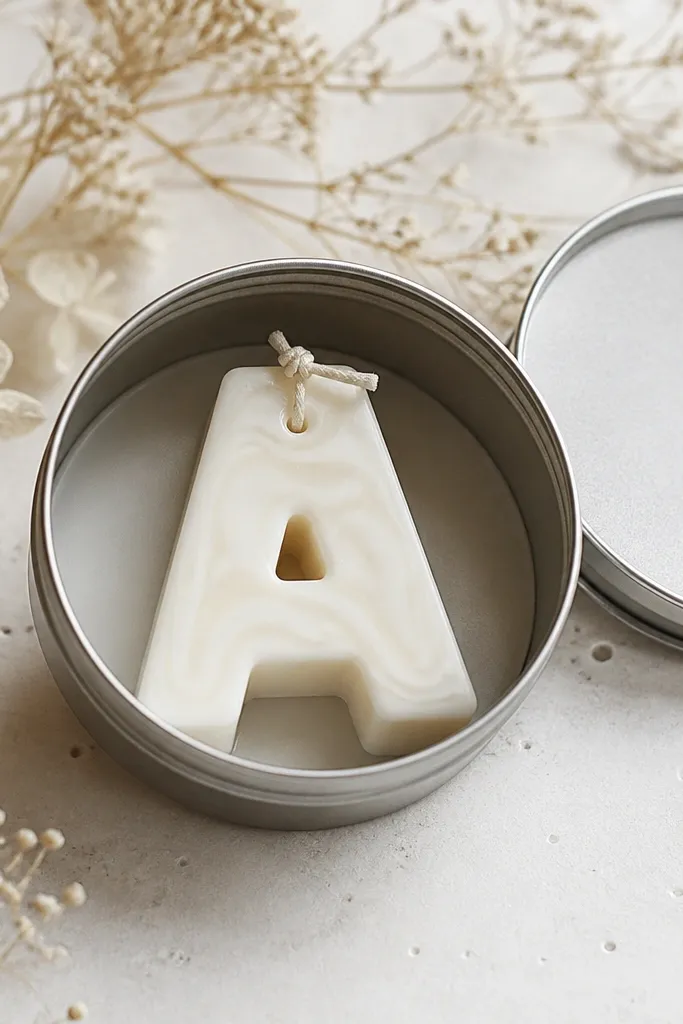 A small tin holding a letter-shaped soy wax charm. The letter is white with a faint swirl, and the tin lid is removed to show a wick-like thread and smooth top surface.