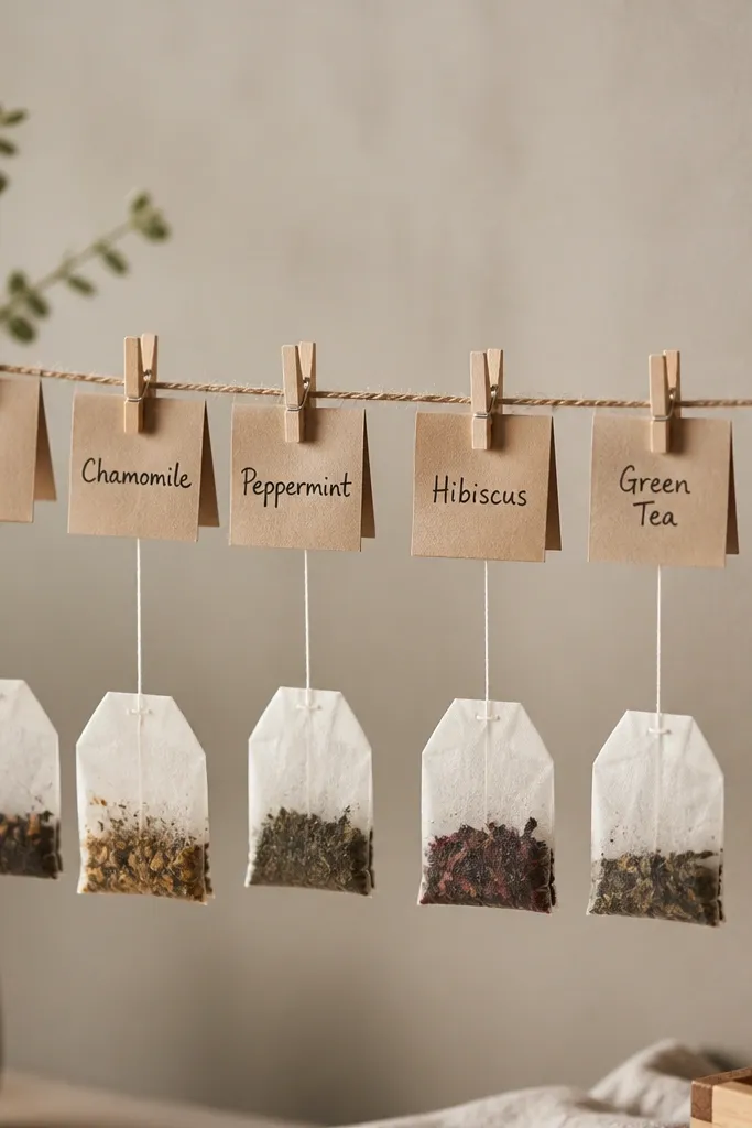 A string banner made from twine with small folded paper labels attached. Several tea bags hang from clips, and each label has a handwritten flavor name in black ink.