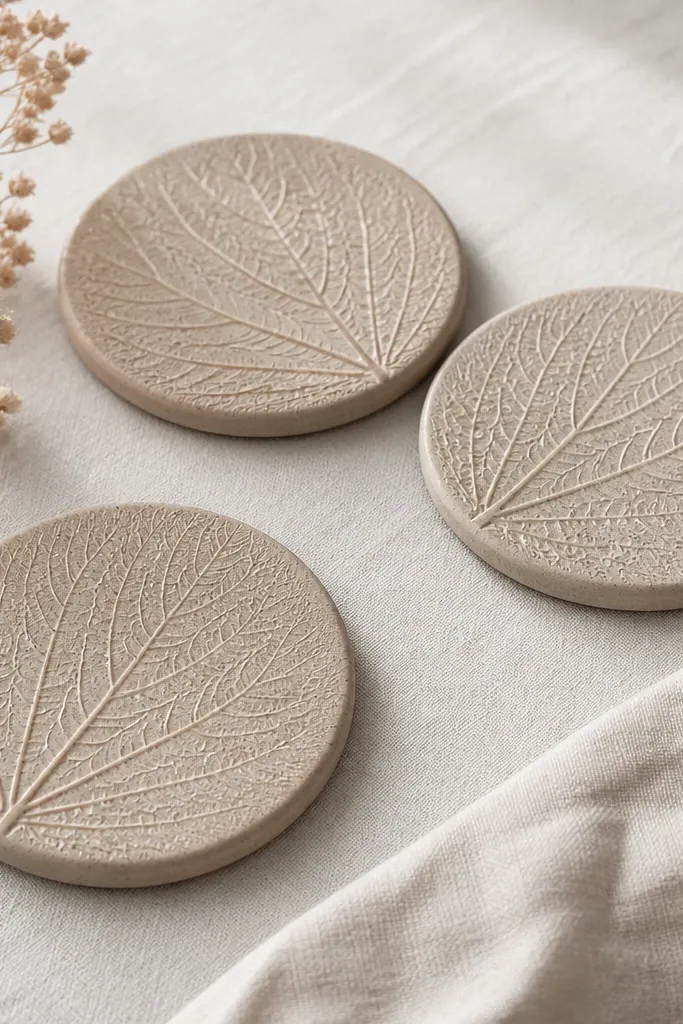 Four coasters made from paper clay with leaf vein textures. The top surfaces show pressed leaf veins in a lighter shade, and the edges are smoothed with a slightly rounded rim.