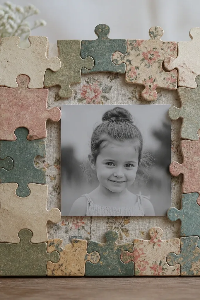 A small photo frame made from irregular jigsaw puzzle pieces arranged in a square. The frame has a fabric backing in muted floral, and a clear photo is centered behind the pieces.