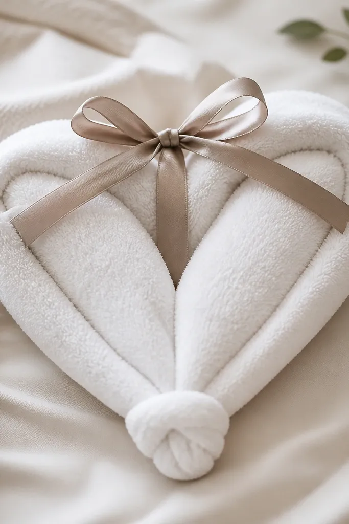 A hand towel folded into a heart shape. The heart has two rounded lobes and a small knot at the bottom, with the towel edges tucked neatly. A ribbon ties the top.
