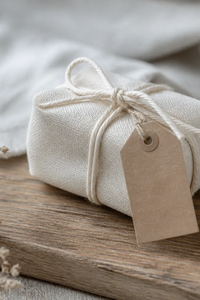 A small bar of soap wrapped in off-white cotton muslin. A cotton string ties the bundle, and a small kraft label tag is attached with a hole and a short piece of twine.
