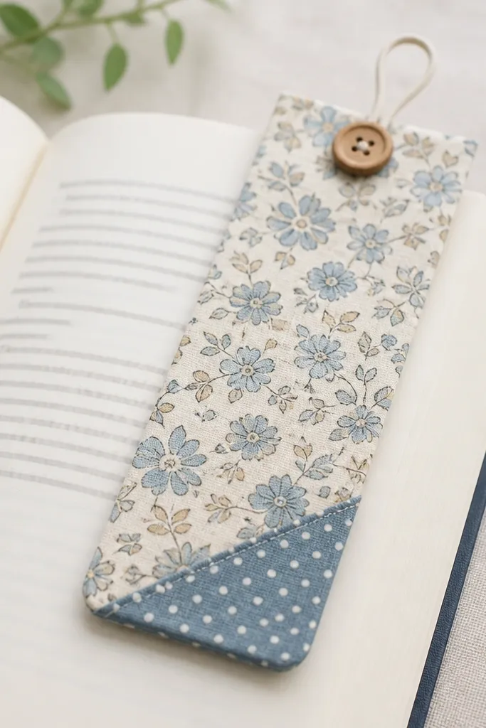 A fabric bookmark made from patterned cotton. One corner has a small pocket that grips the page corner, and a small wooden button sits near the top with a loop thread closure.
