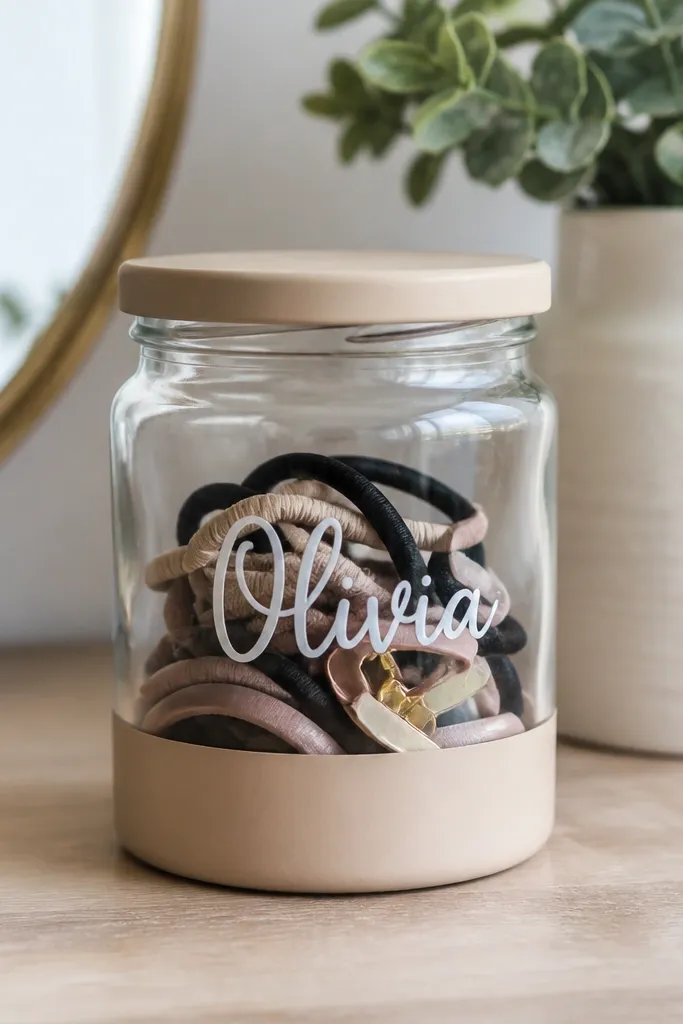 A clear mason jar painted with a matte color band at the bottom and a handwritten name near the center. Inside, hair ties and small clips are visible, and the jar lid has a matching painted rim.