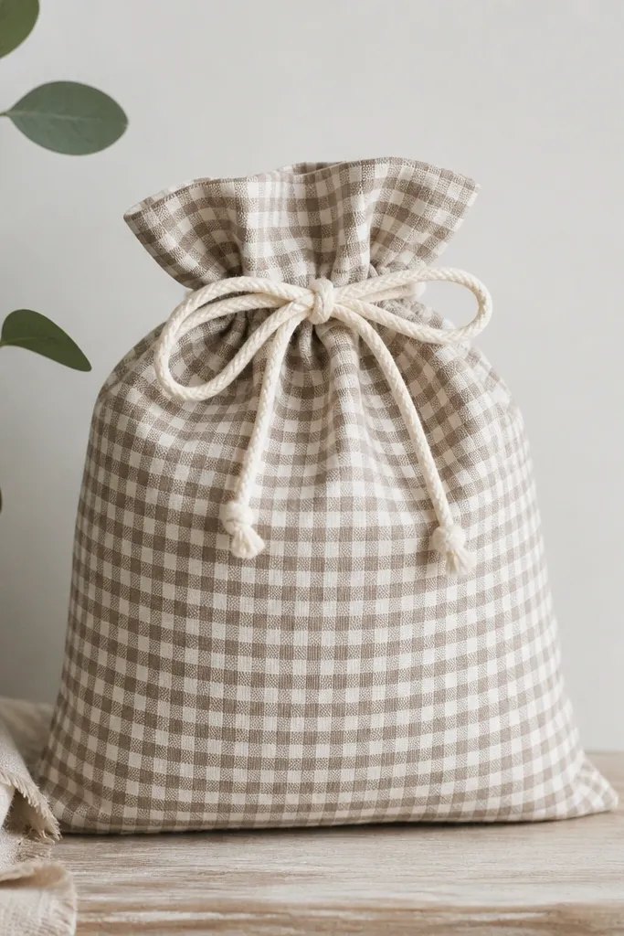 A fabric gift bag in a medium-weight cotton. It has a drawstring channel at the top with visible stitching, and the cord is threaded through with a small bow. The fabric pattern is small checks.