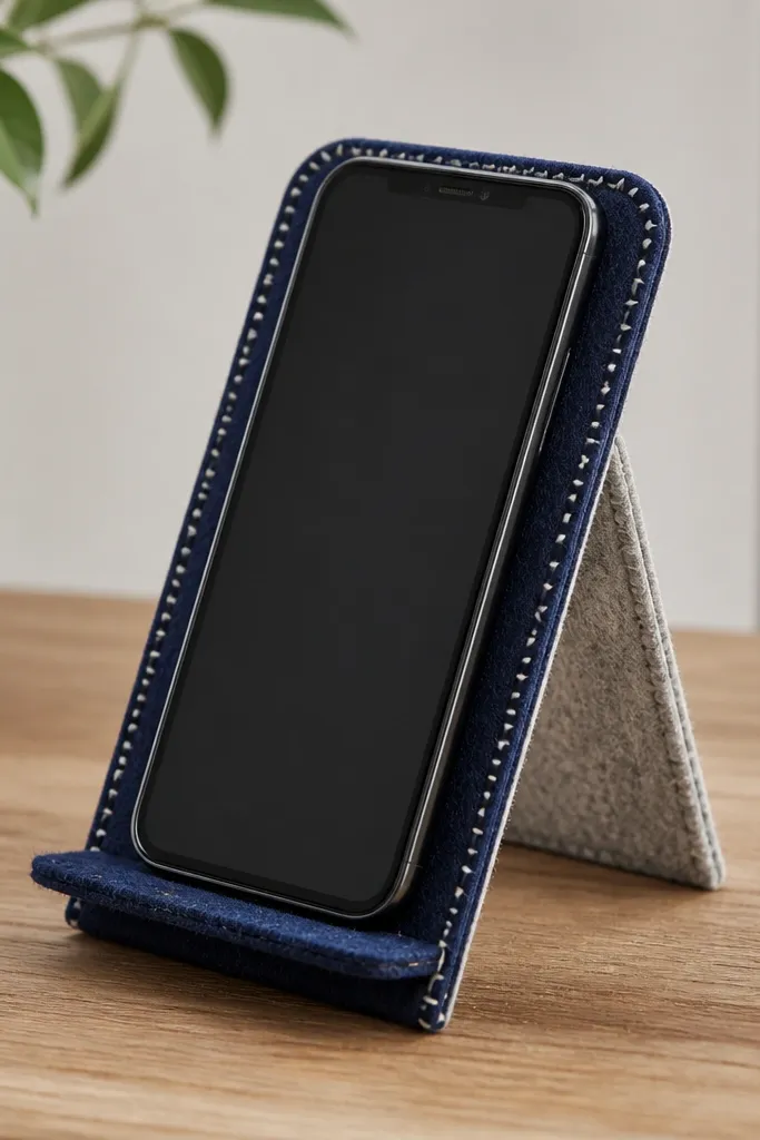 A handmade felt phone stand shaped like a simple tent, made from two colors of thick felt. The front shows a stitched border in contrasting thread, and the back has a small triangle support that keeps the phone upright.