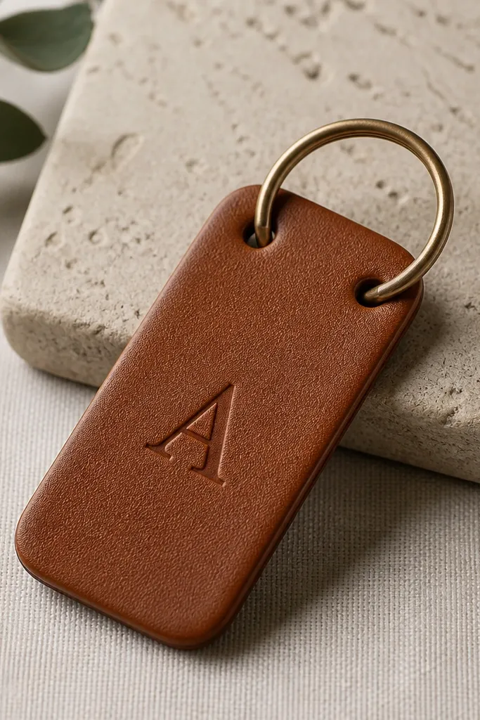 A faux leather keychain strip with a rounded rectangle shape. A single letter is stamped in the center, and the edges are neatly trimmed with a small keyring attached through two punched holes.
