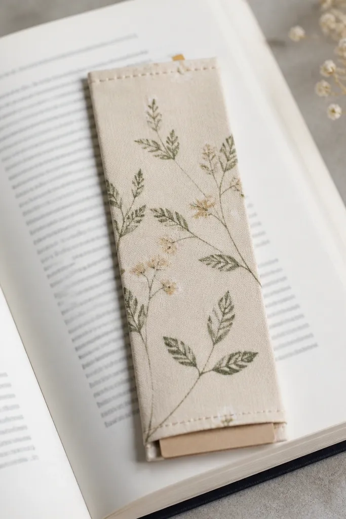 A fabric bookmark made from two layers of cotton. The top edge has a stitched-looking faux seam from fabric glue, and the bottom has a small hidden pocket holding a thin card or bookmark tab.