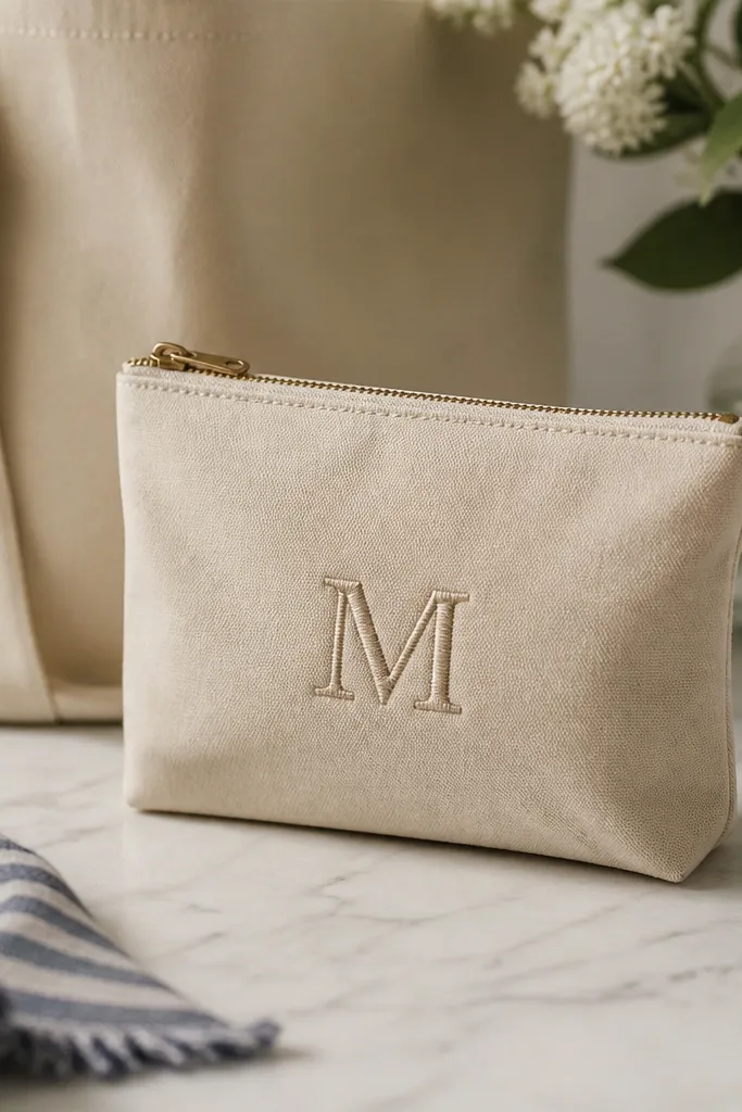 A small zippered canvas pouch with a monogram stitched on the front. The pouch is made from canvas fabric matching the tote, with a short zipper and neat topstitching.