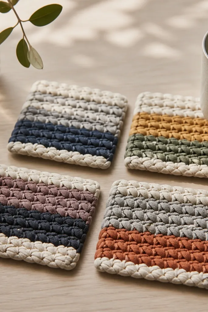 Four handmade coasters made from braided strips of old t-shirts. They sit flat in a square shape with visible stitched or braided texture, and the colors are muted stripes.