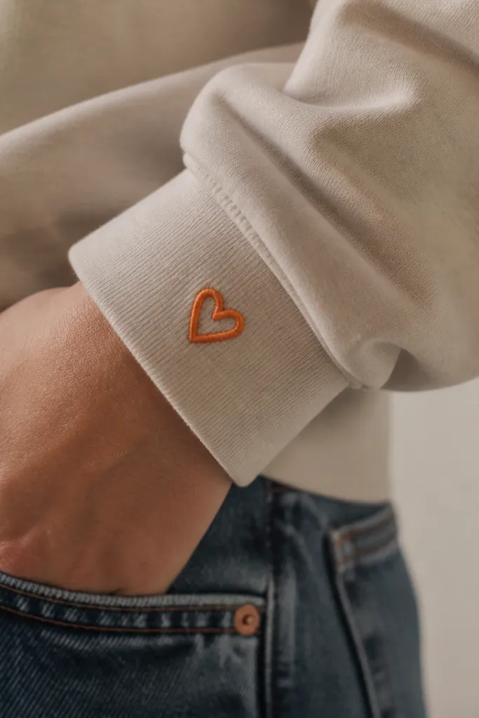 A sweatshirt cuff with a small embroidered charm on the side. The embroidery is a single stitched shape in bright thread, and the cuff has a neat folded hem.
