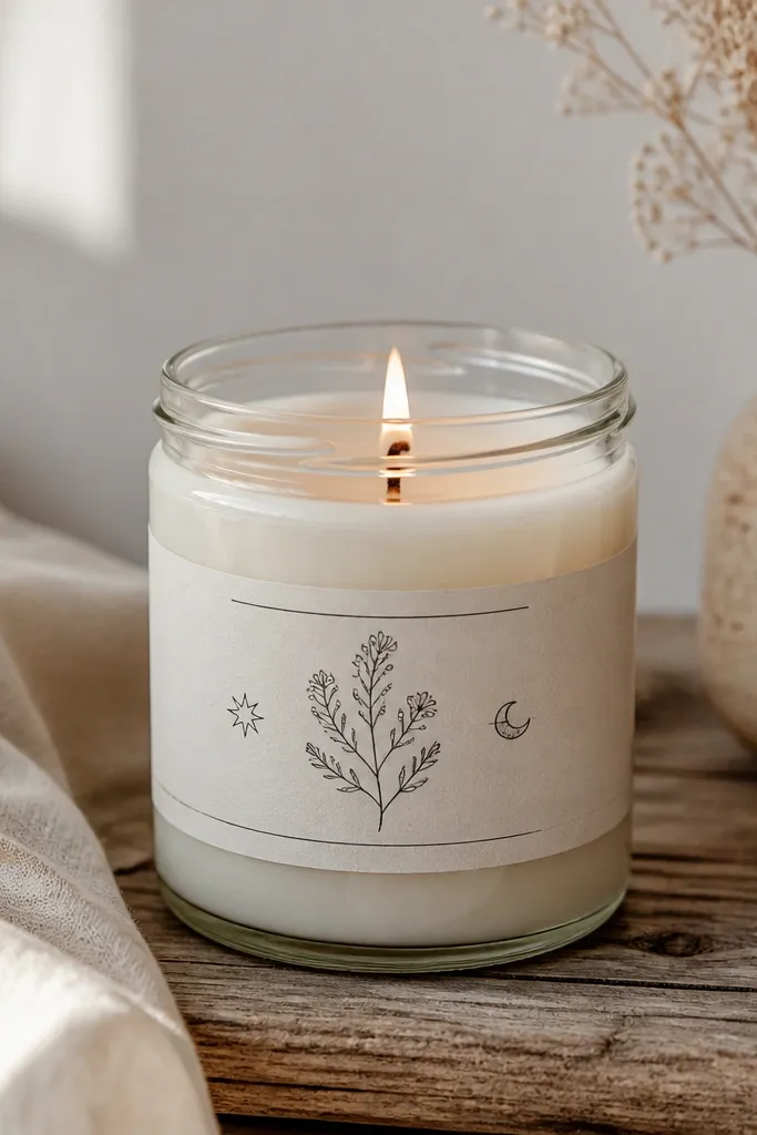 A glass jar candle with a paper label wrapped around it. The label has hand-lettered text in black ink with small icons, and the paper is sealed with a clear matte finish.