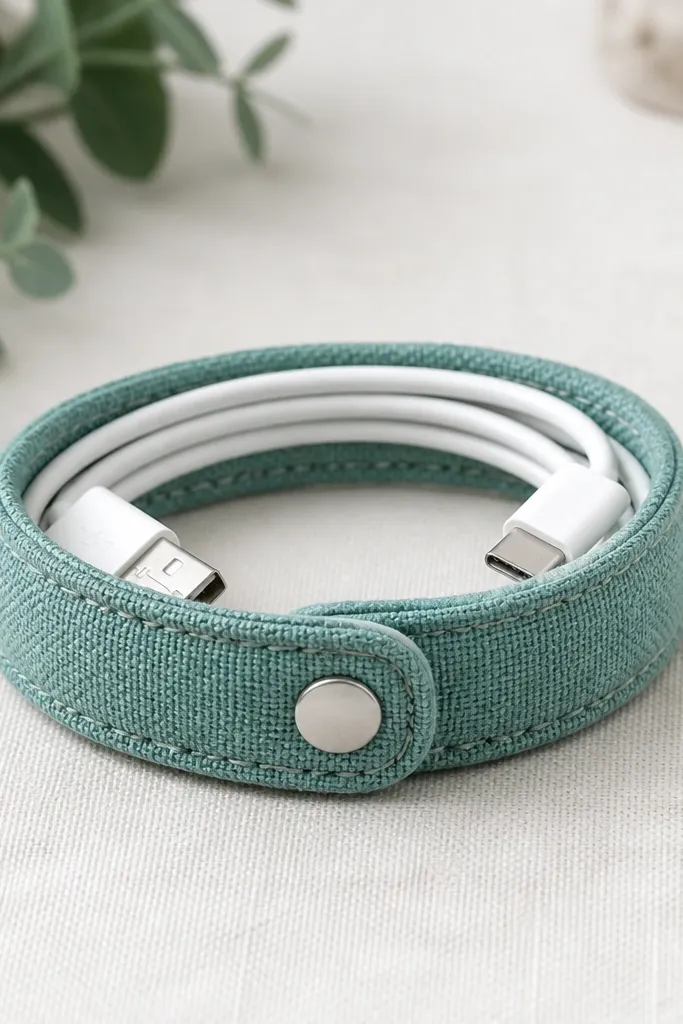 A fabric cord wrap shaped like a bracelet with a snap closure. It holds a neatly coiled charging cable inside a stitched fabric band.