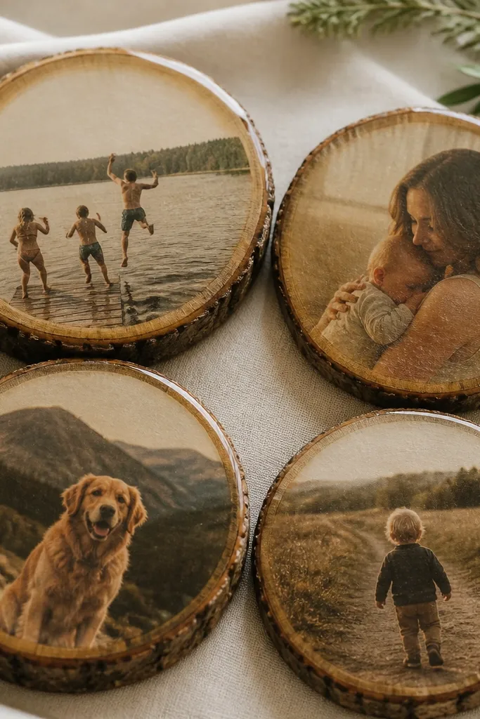 Four coasters made from wood slices, each with a photo transfer in the center. The images look slightly faded and warm, and the edges have a clear varnish shine.