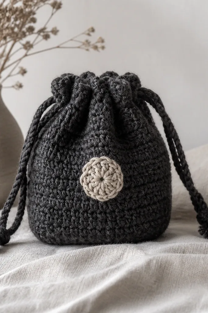 A small crocheted drawstring bag in dark charcoal yarn with a braided cord. A single small patch of lighter yarn sits on the front as a simple emblem.