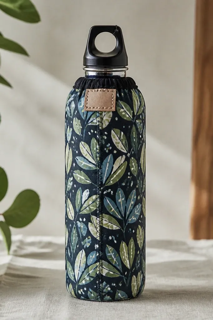 A handmade bottle sleeve made from patterned cotton, with a wrap-around fit and a stitched seam. A small patch sits near the top, and the sleeve has a clean elastic band at the opening.
