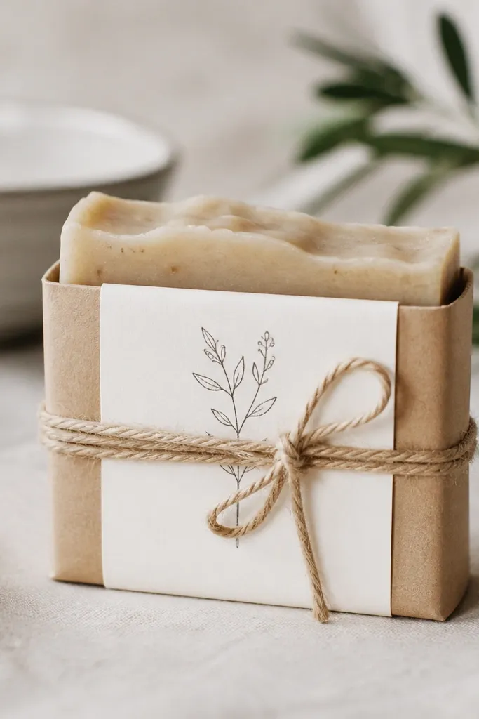 A bar of handmade soap wrapped in kraft paper with a clean label tied with twine. The label has a simple icon and a name written in neat handwriting.