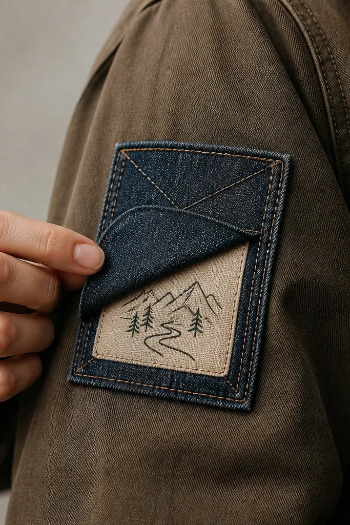 A denim patch sewn onto a jacket sleeve with visible stitching. The patch has an outer stitched border and a small inner section that reveals a short quote when folded open.