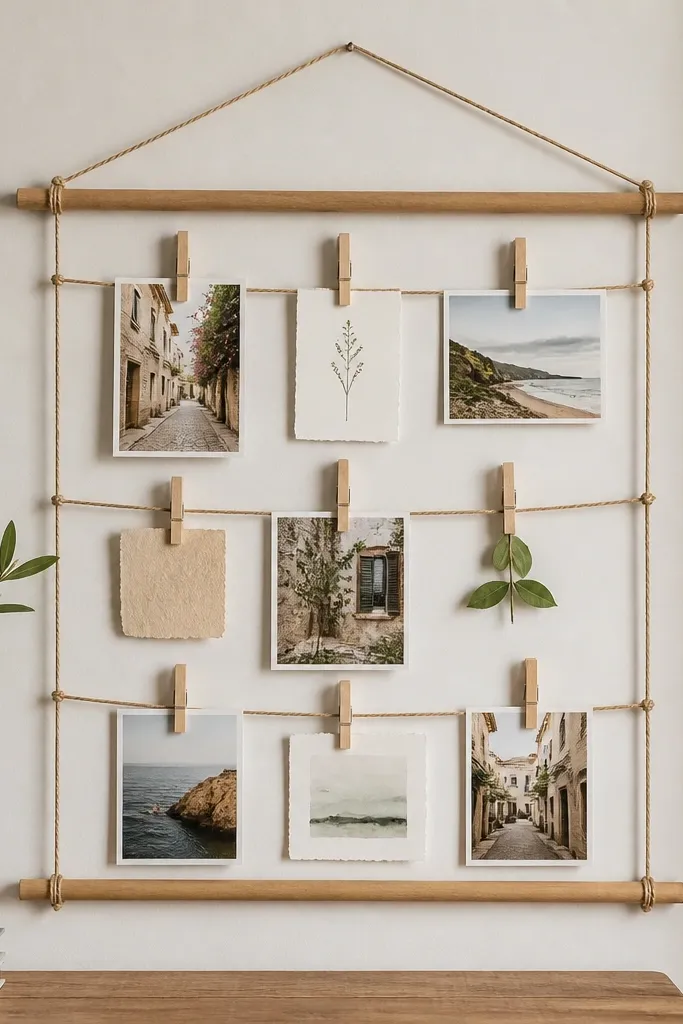 A small wall hanging made from rope strung between two small wooden dowels with clothespins. Several mini photos and notes are clipped on with visible clips.