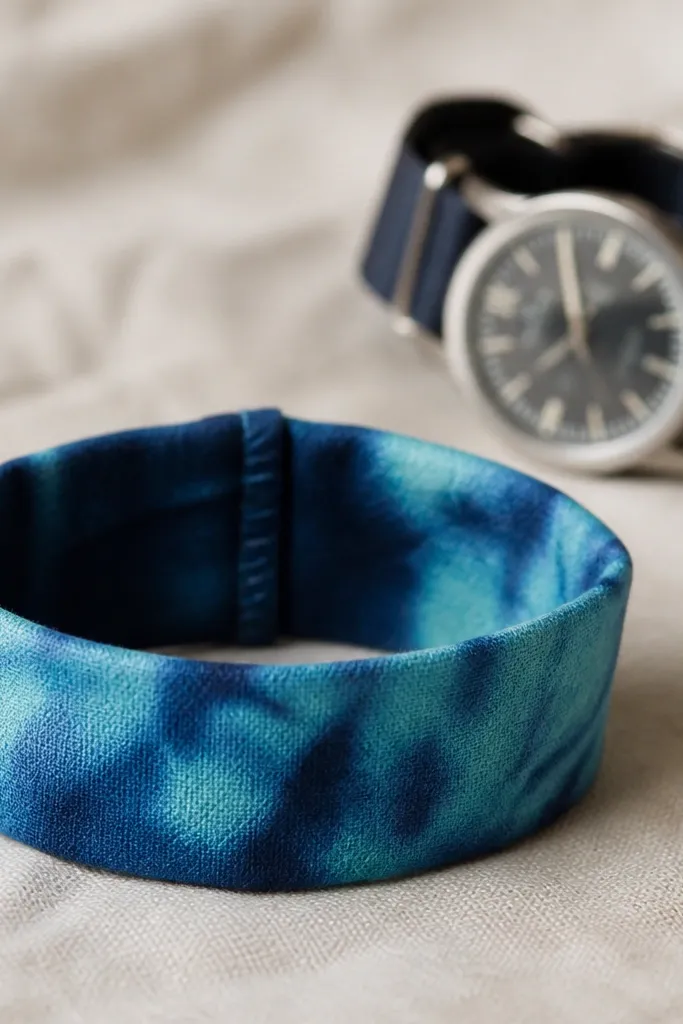 A handmade tie-dye fabric band in shades of indigo and teal, folded into a wristband shape with a simple seam. A watch sits behind it in the photo.