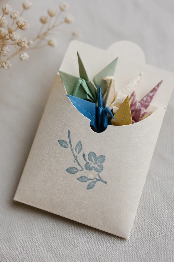 A small cardstock sleeve holding several tiny folded origami cranes or fortune notes. The sleeve has a stamped design, and the folded pieces are visible inside.