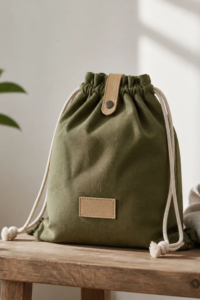 A small cinch gym bag made from sturdy cotton. The top drawstring forms a gathered opening, and a snap strap holds it closed. A simple stitched patch sits on the front.