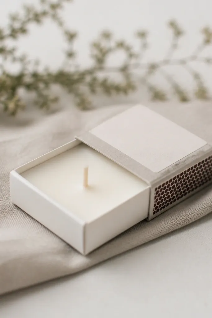 A small candle poured into a matchbox-sized container. It has a simple label and a visible wick centered on top, with a clean matte finish.