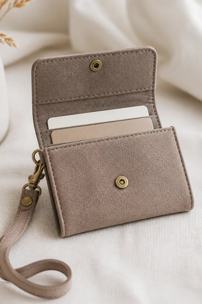 A small faux suede wrist wallet with a fold-over flap and a snap closure. It has a stitched border and two card slots visible inside.