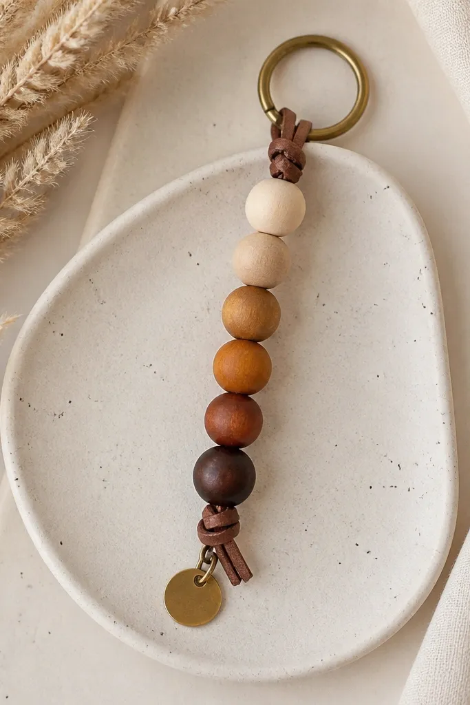 A handmade keychain with wooden beads in a gradient from light to dark. A small metal tag dangles near the bottom, and the keyring is attached at the top.