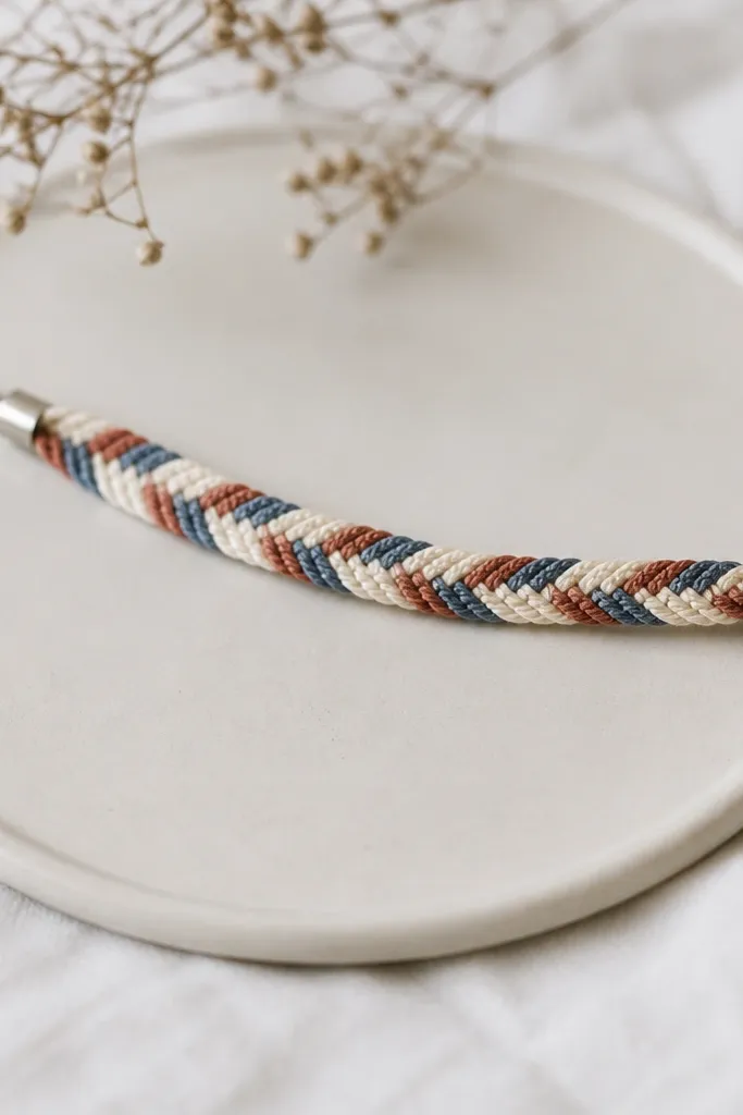 A woven bracelet with two or three thread colors braided into a flat pattern. It has a small metal clip clasp on one end and a tidy knot on the other.