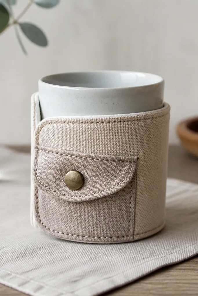 A fabric sleeve that wraps around a mug or cup like a coaster. It has a stitched border and a small pocket flap on the side.