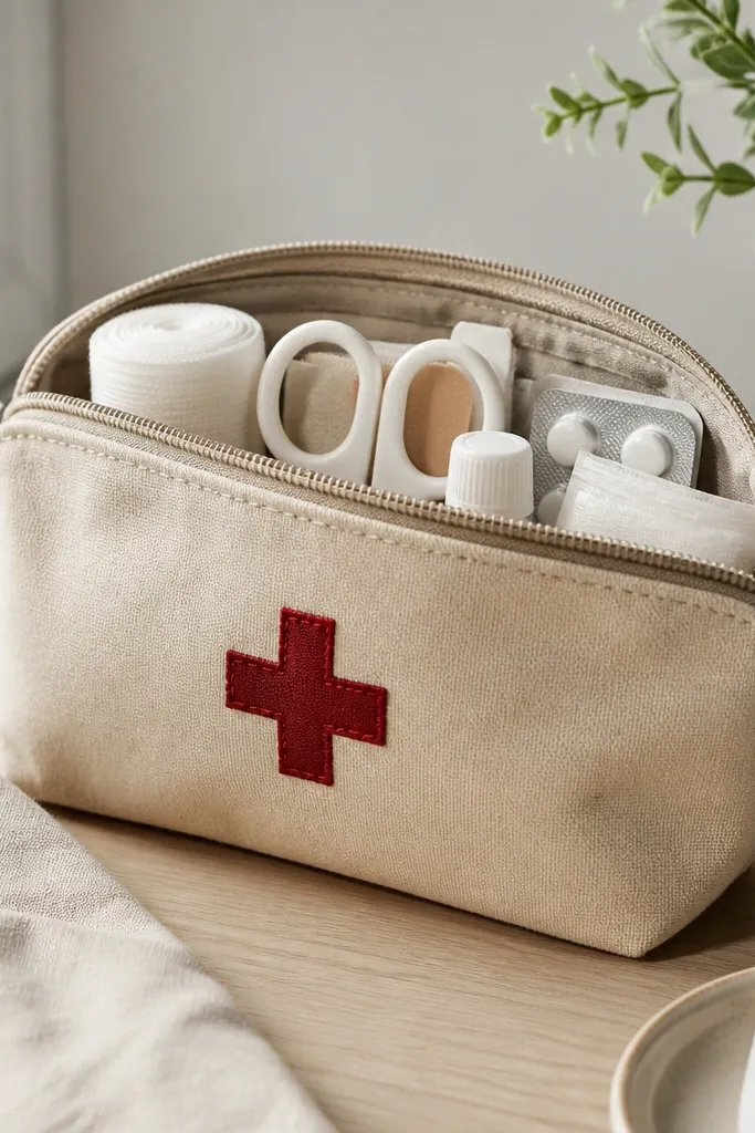 A small zip pouch filled with neatly arranged items. On the front, a hand-stitched medical cross icon is visible, and the pouch is made from sturdy fabric.