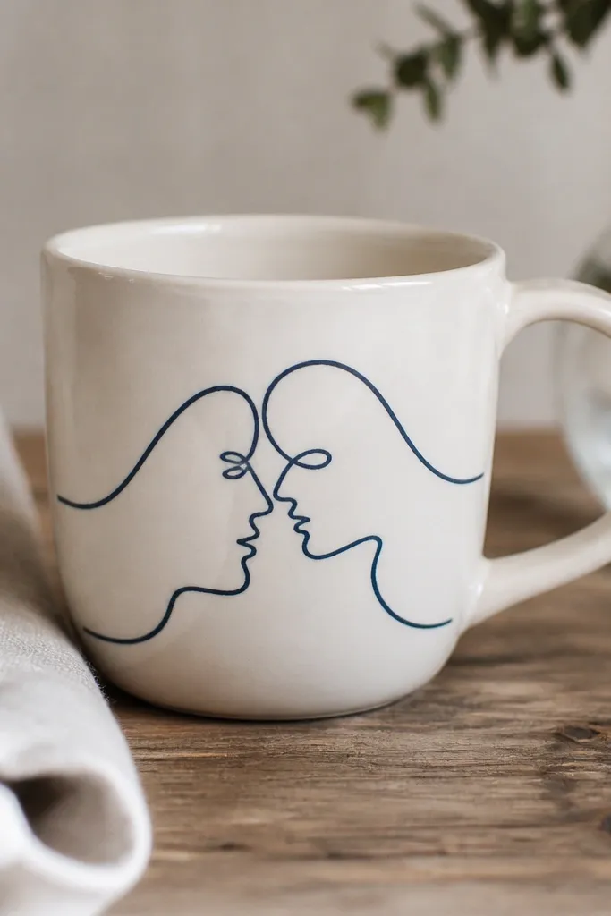 A ceramic mug painted by hand with a single thin line quote. The paint is glossy and sits centered on the mug, with clean brush strokes.