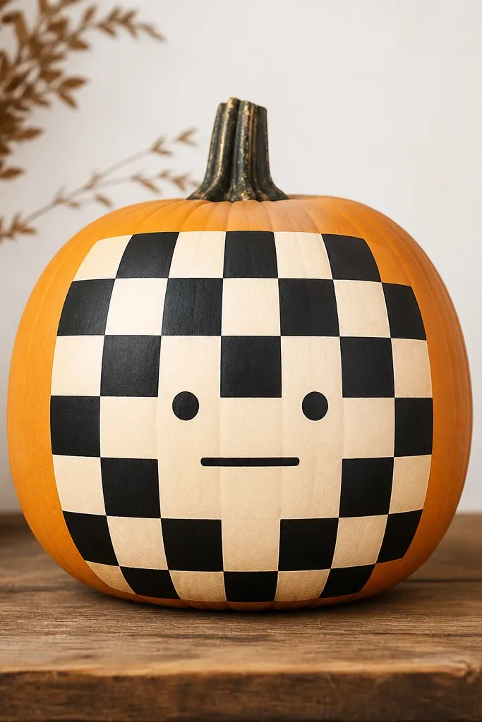 A medium orange pumpkin with a crisp black-and-cream checker pattern across the front, two small painted eyes and a simple straight-line mouth, all edges look sharp and evenly spaced.